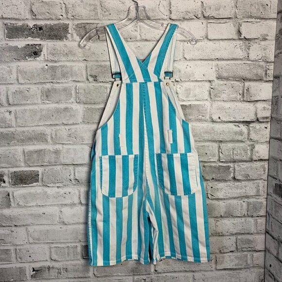 Vintage 90s Pink Soda Striped White Denim Bib Overalls Shortalls - Picture 5 of 9